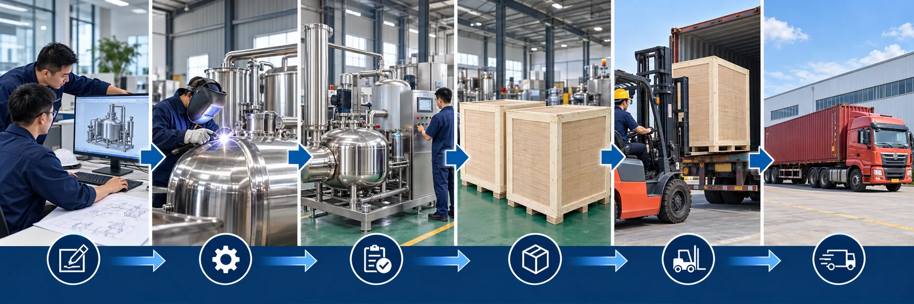 Six-stage industrial food machinery delivery process from engineering planning to export dispatch