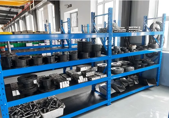 Food machinery spare parts organized on warehouse racks