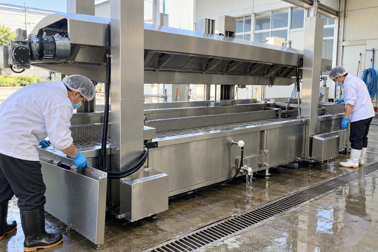 Two technicians inspecting an opened continuous fryer and mesh belt after washdown cleaning