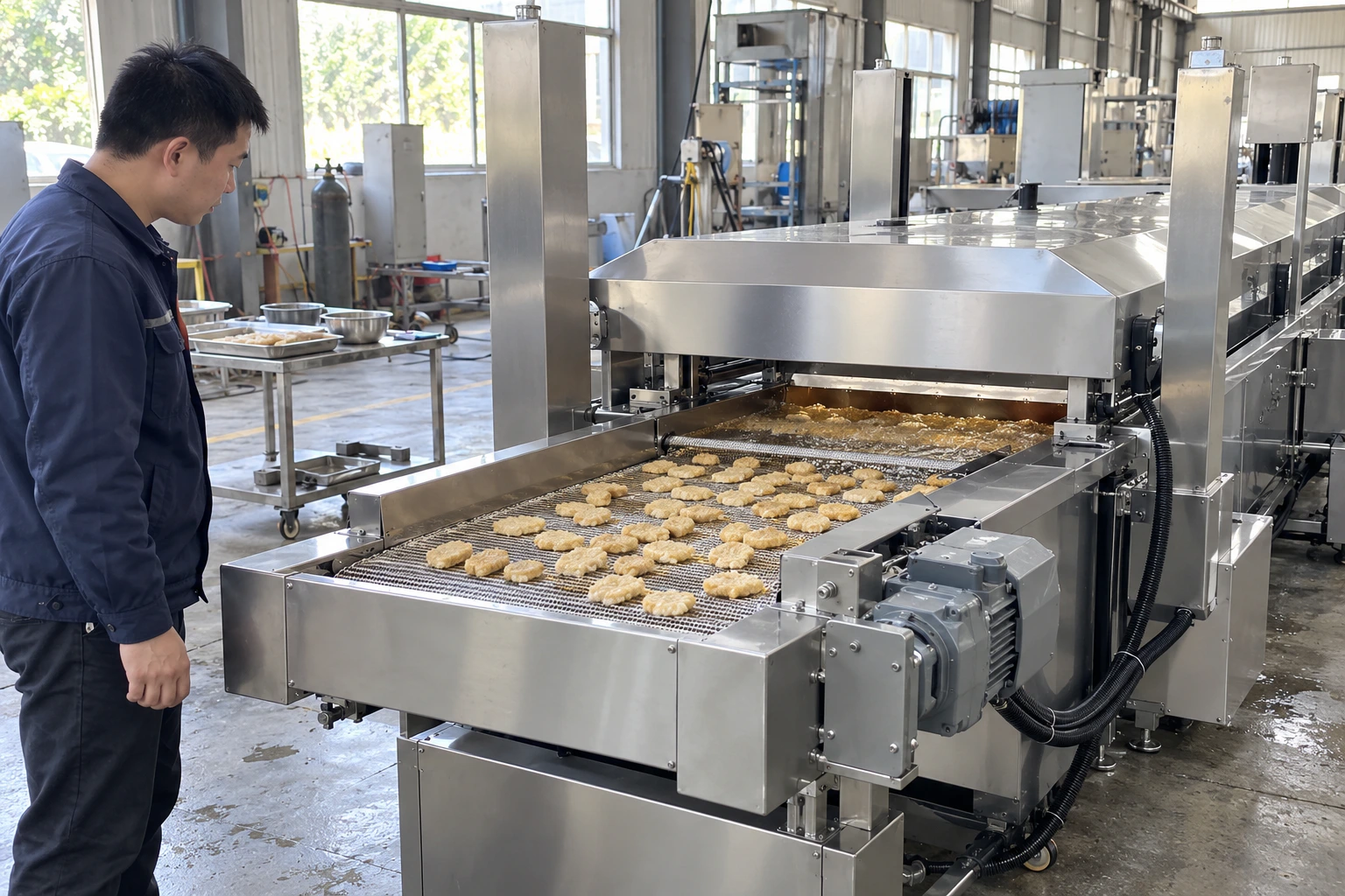 Technician checking product distribution on the infeed belt of a continuous fryer during a factory trial