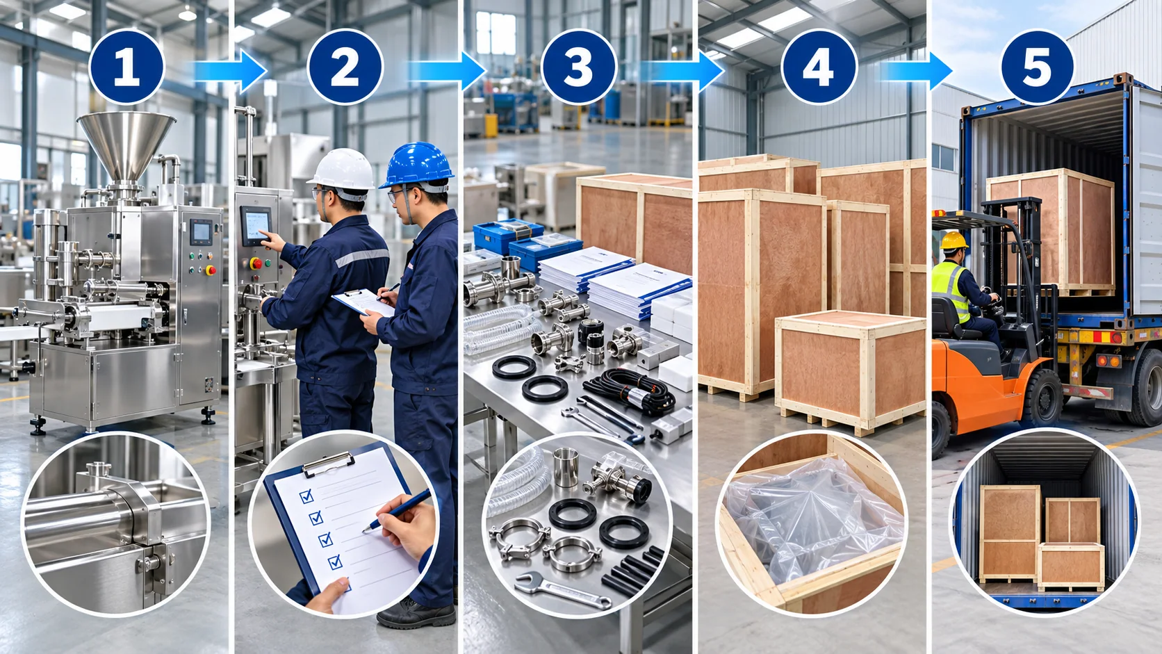 Five-stage food machinery pre-shipment inspection and packing workflow