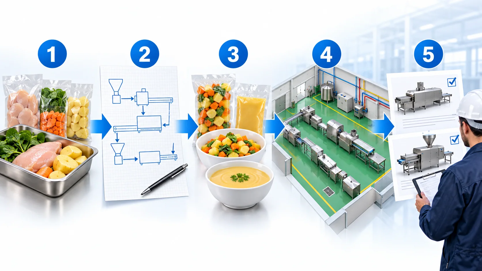 Five-stage illustration for preparing a food processing machinery RFQ