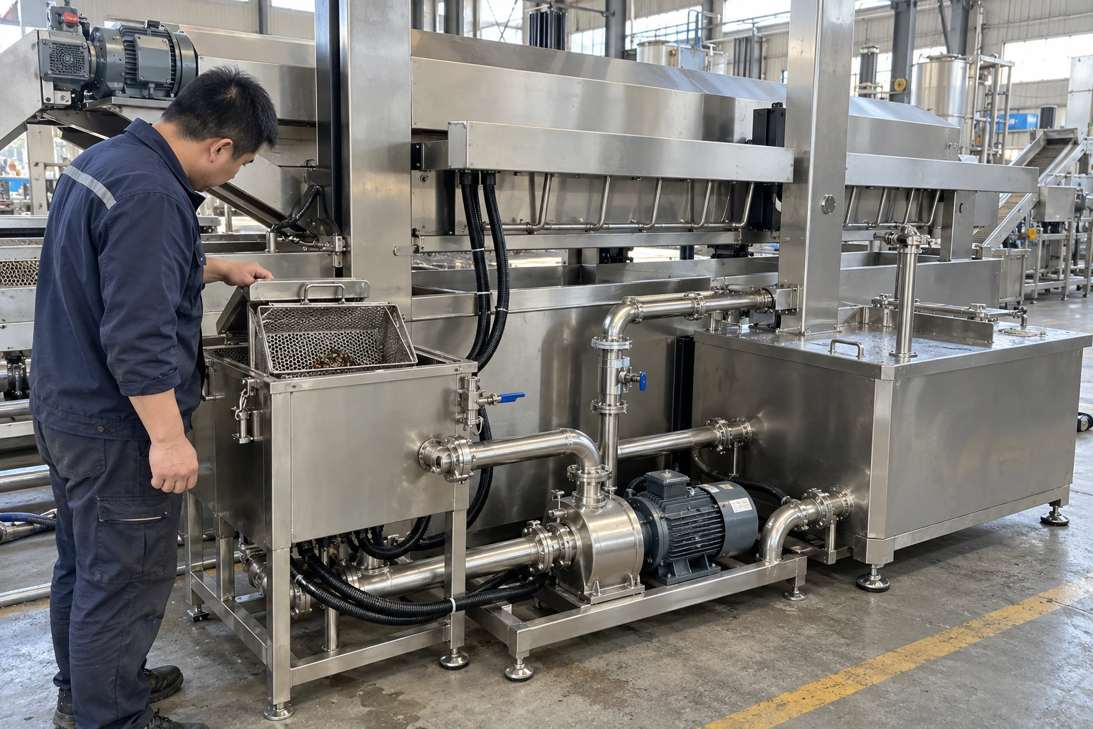 Technician inspecting the oil circulation pump and residue filter beside an industrial continuous fryer