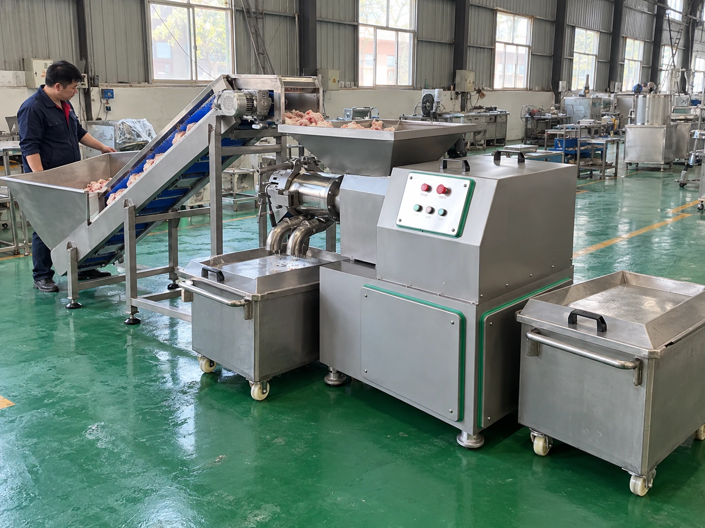 Industrial meat bone separator connected to an infeed conveyor and two collection carts in a working factory