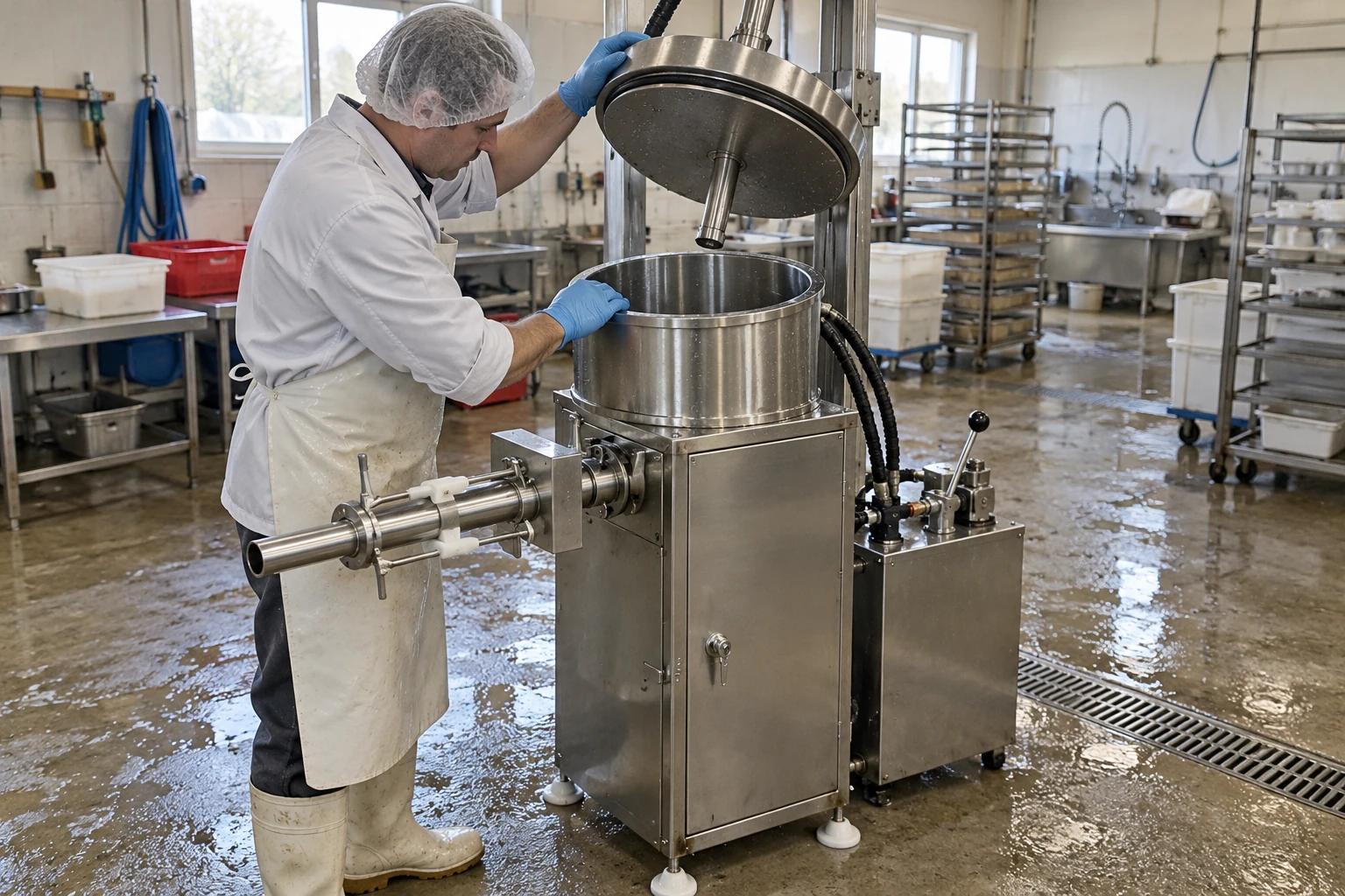Technician inspecting accessible parts of a hydraulic sausage stuffer during cleaning