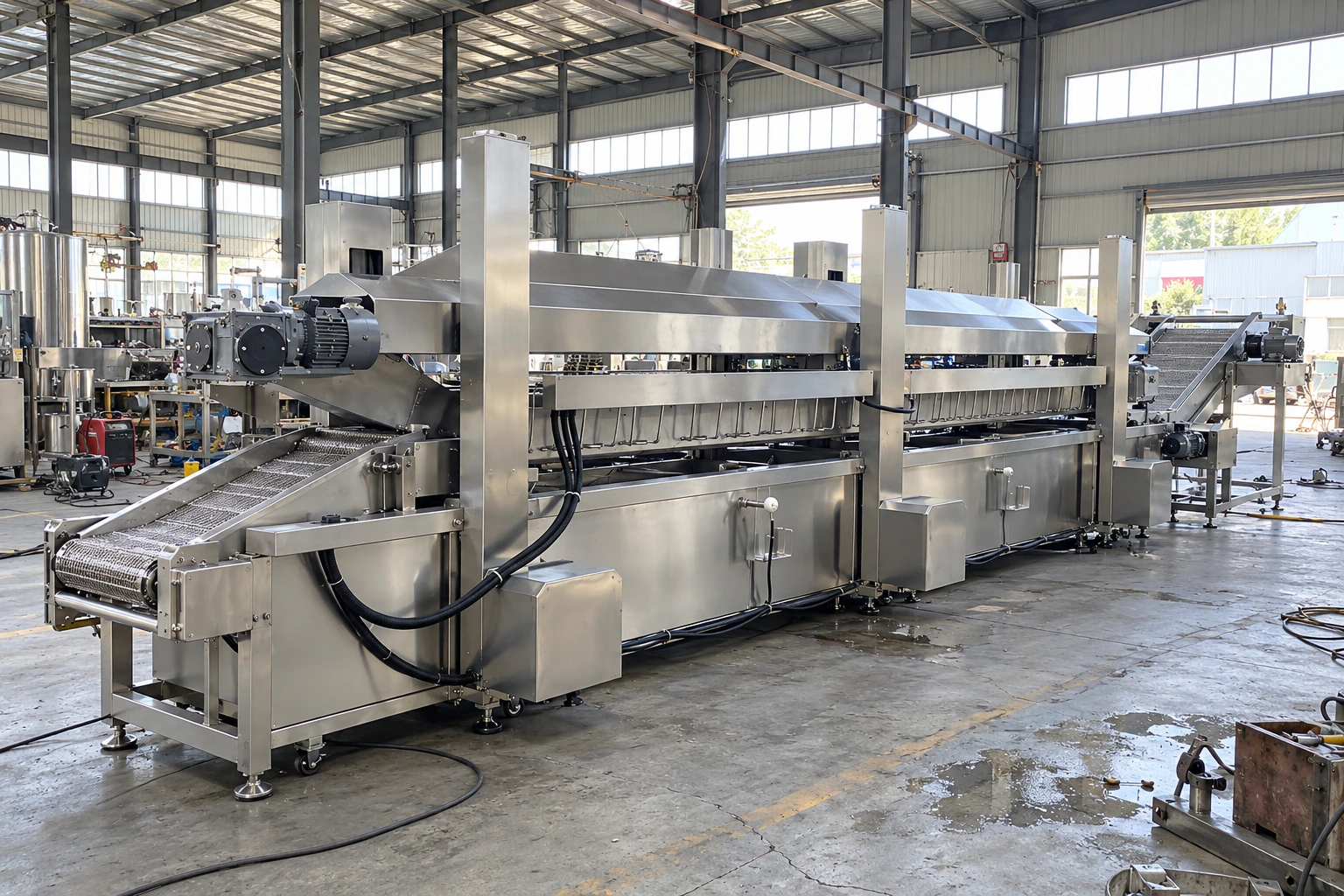 Long stainless steel continuous frying production line assembled in a working machinery factory