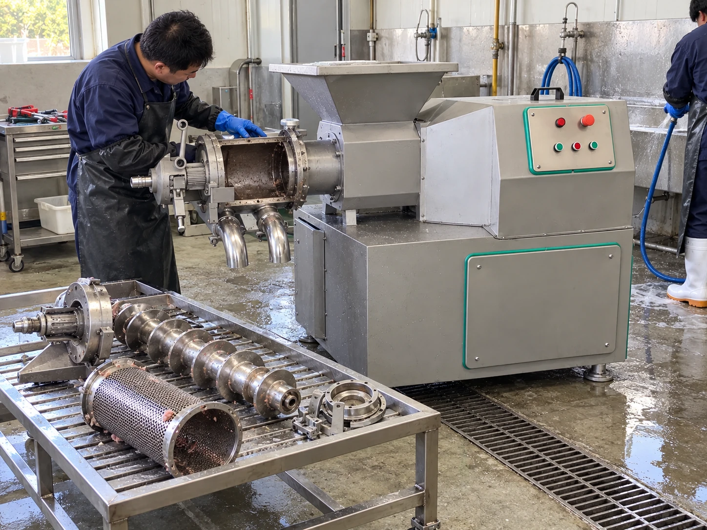 Meat bone separator opened for cleaning with the screw and screen arranged on a stainless rack