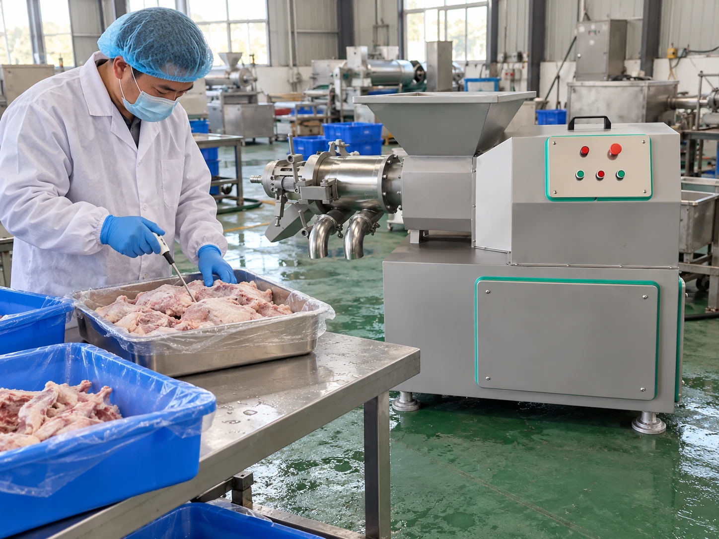 Technician checking chilled poultry frame temperature before a meat bone separator trial