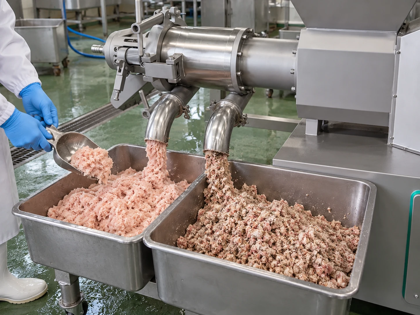 Separated poultry meat and bone residue collected from two meat bone separator outlets