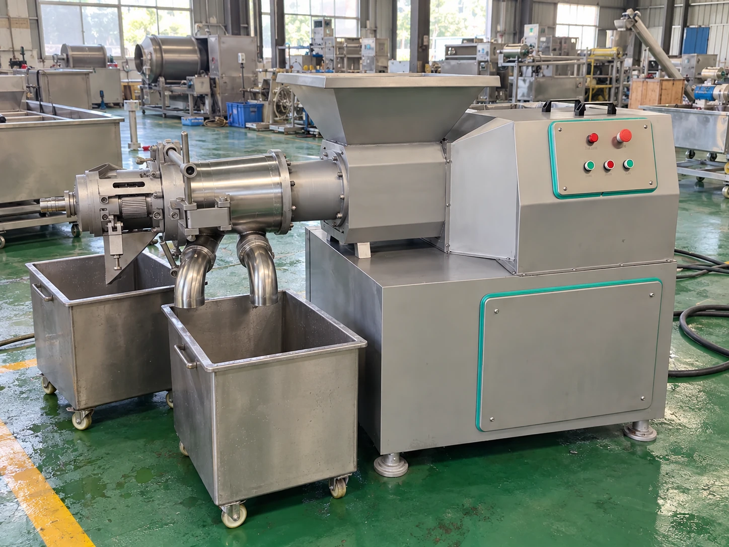 Industrial meat bone separator with separate collection bins in a working machinery factory