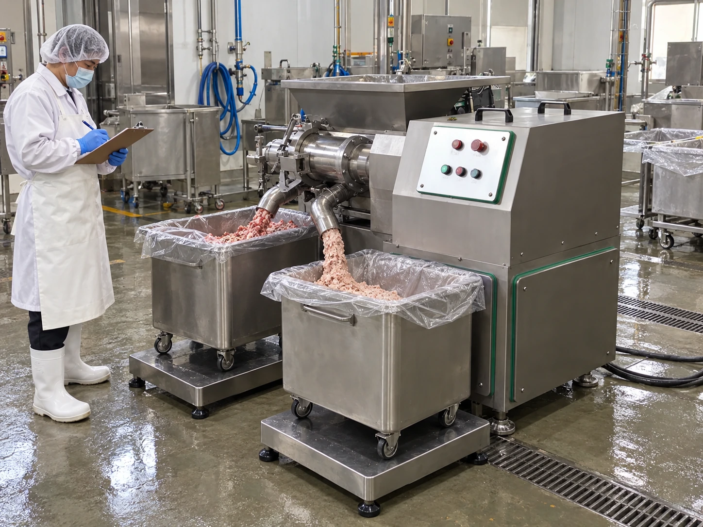 Technician recording a meat bone separator trial while two outlet bins are weighed on floor scales