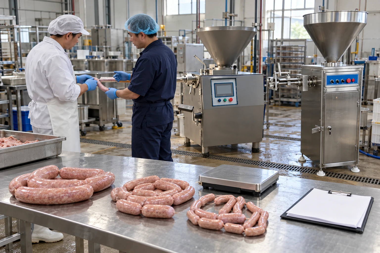 Technicians comparing sausage samples during a filling equipment trial