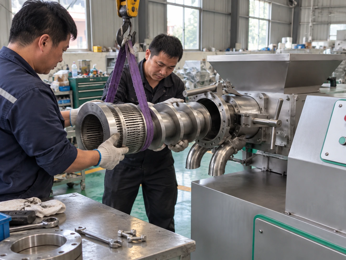 Technicians aligning a screw and slotted screen assembly with the open head of a meat bone separator