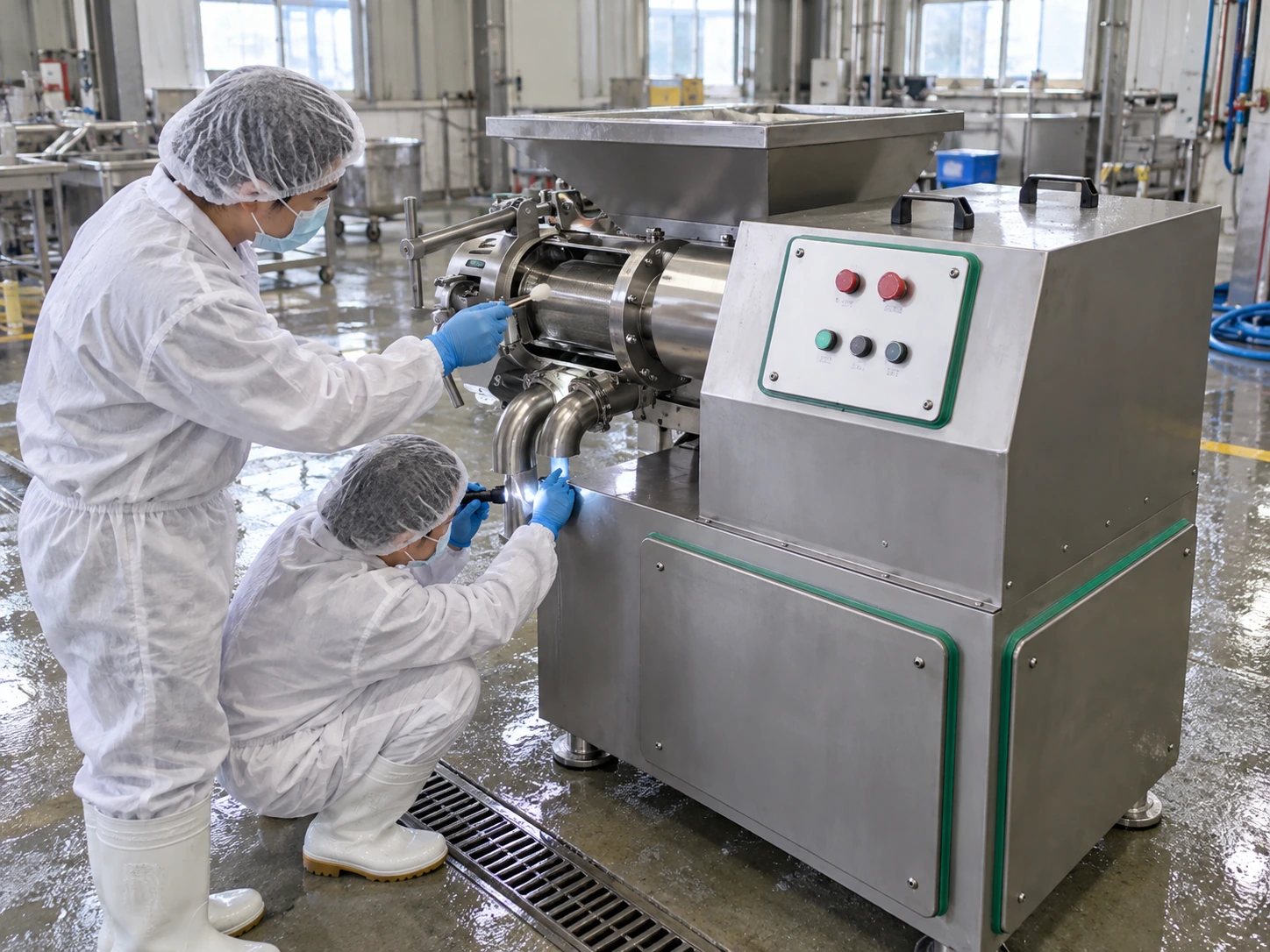 Sanitation technicians checking a cleaned meat bone separator head with a swab and inspection light