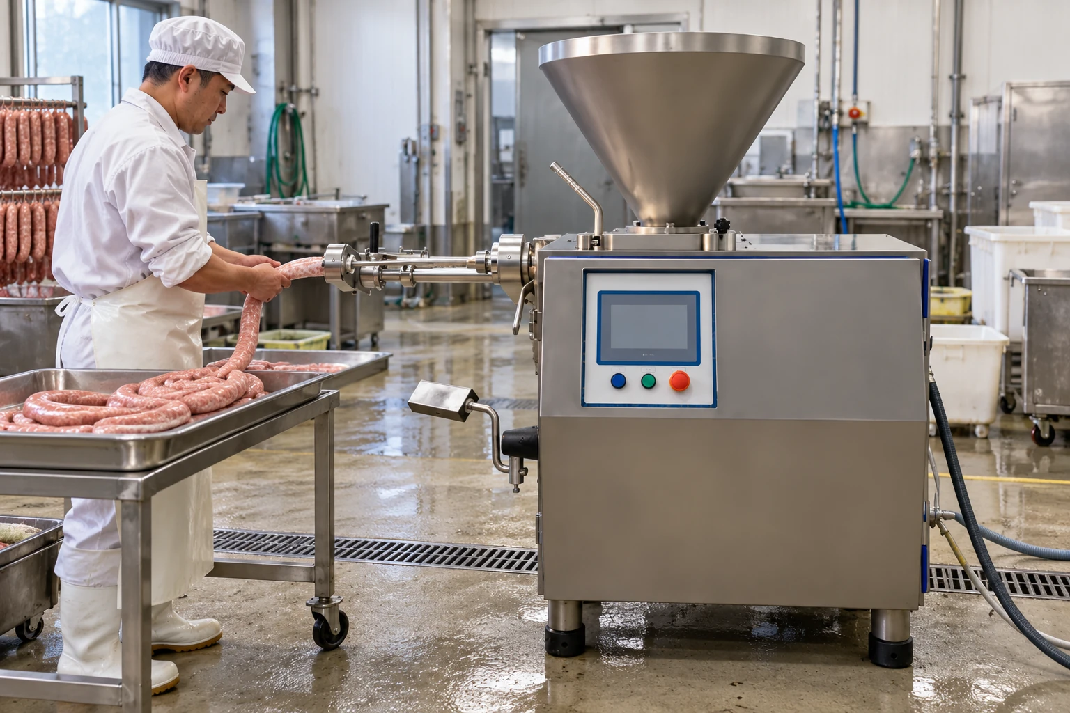 Operator monitoring a vacuum sausage filler commissioning run