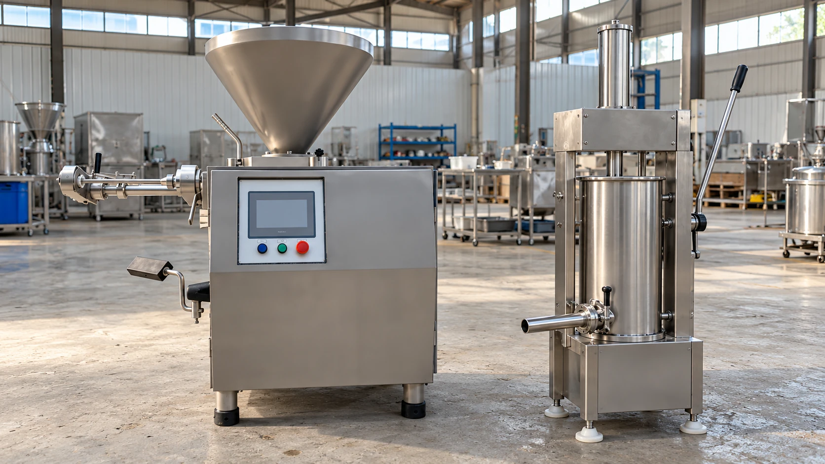 Continuous vacuum sausage filler beside a batch hydraulic piston stuffer in a working factory